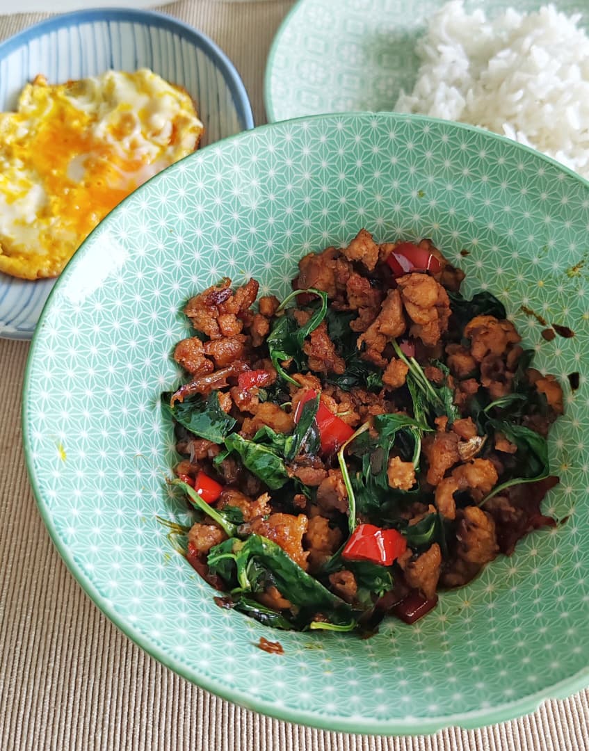 Pad Krow Pad kra pow is a classic Thai stir-fry with fragrant basil leaves